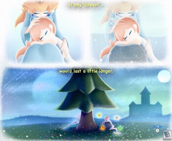 2girls amyroser blonde_hair blue_dress castle commentary crown dress earrings english_commentary english_text full_moon grass highres jewelry kissing_head long_hair luma_(mario) mario_(series) meteor_shower mini_crown moon mother_and_daughter multiple_girls night night_sky nintendo pine_tree pink_hair rosalina sky sphere_earrings super_mario_galaxy tombstone tree