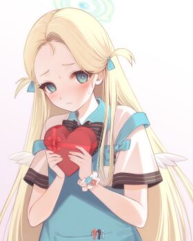 1girl apron black_bow black_bowtie blonde_hair blue_apron blue_archive blue_eyes bow bowtie box collared_shirt commentary_request forehead gift halo heart-shaped_box highres holding holding_gift long_hair looking_at_viewer object_in_pocket part_time_job parted_bangs pen_in_pocket pocket poi1107 scrunchie shirt short_sleeves sidelocks simple_background solo sora_(blue_archive) store_clerk two_side_up valentine white_background white_shirt wrist_scrunchie yellow_halo