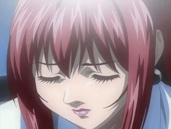 00s 1girl 2002 animated animated_gif bedroom bible_black bible_black_night_of_the_walpulgiss book earrings jewelry lipstick long_hair makeup mature_female purple_eyes red_hair red_lips shirt solo surprised tagme takashiro_hiroko teacher white_shirt