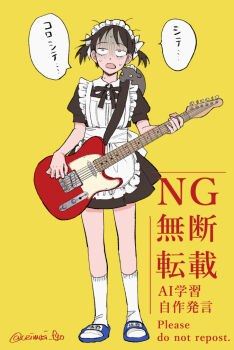 1girl alternate_costume alternate_hairstyle animal animal_on_shoulder apron black_dress black_hair black_ribbon blue_sandals commentary_request dress electric_guitar enmaided fender_telecaster frilled_apron frills full_body futsuu_no_keion-bu guitar hatono_chihiro holding holding_guitar holding_instrument instrument maid maid_apron maid_headdress name_tag neck_ribbon nervous nervous_sweating open_mouth puffy_short_sleeves puffy_sleeves ribbon rolling_eyes sandals self-doubt_animal_(futsuu_no_keion-bu) short_hair short_sleeves short_twintails slides socks solo speech_bubble standing sweat translation_request turn_pale twintails twitter_username uzimusi_fgo watermark white_apron white_socks yellow_background