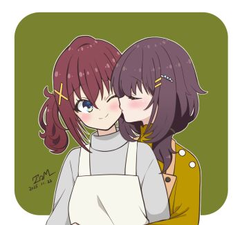 2girls apron bad_link blue_eyes blush brown_hair furutachi_kurea hibi_wa_sugiredo_meshi_umashi highres kawai_mako kiss kissing_cheek long_hair multiple_girls simple_background sweater tomtom2004tom twintails yuri