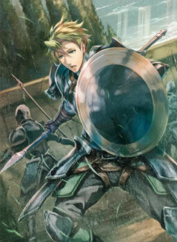 1boy 2others aran_(fire_emblem) armor bisaiiiii commentary english_commentary fire_emblem fire_emblem:_radiant_dawn fire_emblem_cipher green_eyes green_hair highres holding holding_polearm holding_weapon male_focus multiple_others nintendo official_art outdoors polearm scan shield short_hair solo_focus third-party_source weapon