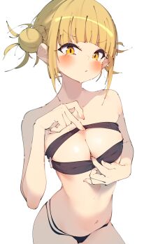 1girl absurdres bad_id bad_twitter_id bandeau bandeau_pull bare_shoulders bikini black_bandeau black_bikini blonde_hair blunt_bangs blush boku_no_hero_academia breast_zipper breasts cleavage clothes_pull collarbone contrapposto cowboy_shot double_bun hair_bun hand_up highres linea_alba looking_at_viewer medium_breasts messy_hair navel parted_lips rasusurasu short_eyebrows short_hair_with_long_locks sidelocks simple_background solo standing straight_hair string_bikini swimsuit toga_himiko tsurime v-shaped_eyebrows white_background yellow_eyes