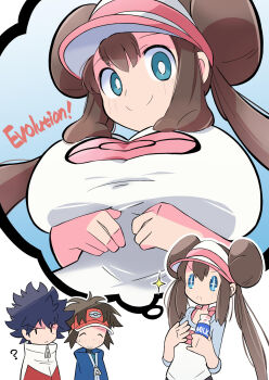1girl 2boys :< ? ^_^ alternate_breast_size_(larger) blue_eyes blue_hair blue_jacket blue_shirt bottle breast_expansion breast_focus breast_lift breasts brown_hair closed_eyes closed_mouth commentary_request donut_hair_bun double_bun english_text hair_bun hands_on_own_chest highres holding holding_bottle hugh_(pokemon) imagining jacket large_breasts long_hair looking_at_another looking_at_viewer milk_bottle multicolored_jacket multiple_boys nate_(pokemon) nintendo pantyhose parted_lips poke_ball_print pokemon pokemon_bw2 print_shirt rascal_(feuille) red_jacket rosa_(pokemon) shirt short_hair sidelocks small_sweatdrop smile solo_focus sparkle sparkling_eyes speech_bubble spiked_hair standing thought_bubble twintails two-tone_jacket two-tone_shirt visor_cap white_background white_jacket white_shirt zipper zipper_pull_tab