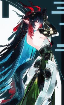 1girl abstract_background arknights arknights:_endfield bare_back black_hair blue_hair colored_inner_hair colored_tips commentary_request dragon_girl dragon_horns dragon_tail eastern_dragon_horns eastern_dragon_tail from_side green_eyes green_pants hair_ornament hands_up highres horns long_hair looking_at_viewer madaolk multicolored_hair pants parted_lips pointy_ears red_hair red_horns red_pupils tail teeth very_long_hair zhuang_fangyi_(arknights)