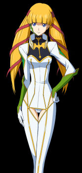 1girl blonde_hair blue_eyes blunt_bangs code_geass hair_ribbon long_hair monica_kruszewski non-web_source pilot_suit red_ribbon ribbon smile solo thighhighs twintails