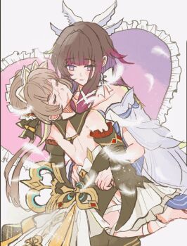 2girls bare_legs bare_shoulders black_collar black_dress black_hair black_sleeves bonnet bow bowtie clockwork closed_eyes closed_mouth collar columbina_(genshin_impact) crack death dress feathers genshin_impact hair_ornament head_wings heart highres ichaahnbaeee long_hair long_sleeves multicolored_hair multiple_girls multiple_wings purple_eyes purple_hair purple_streaks sandrone_(genshin_impact) short_hair_with_long_locks simple_background streaked_hair two-tone_hair white_background white_bow white_dress white_headdress white_wings wing_hair_ornament wings yuri