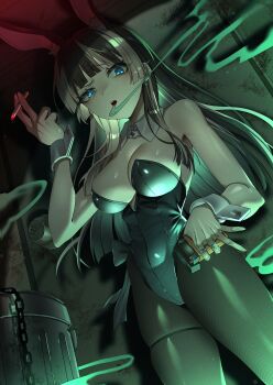 1girl absurdres alley animal_ears bare_shoulders black_hair black_pantyhose blue_eyes blunt_bangs breasts cigarette cleavage commentary detached_collar dutch_angle fishnet_pantyhose fishnets grey_hair hand_up highres hime_cut holding holding_cigarette hololive hololive_dev_is jewelry juufuutei_raden large_breasts leotard long_hair looking_at_viewer multicolored_hair open_mouth pantyhose playboy_bunny rabbit_ears ring smoke_from_mouth straight_hair strapless strapless_leotard streaked_hair thigh_strap tjrwnsleo two-tone_hair virtual_youtuber wrist_cuffs