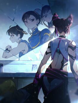 1boy 2girls aged_down angry ass black_hair blonde_hair blood bracelet broken_glass broken_mirror brown_eyes brown_hair bun_cover capcom china_dress chinese_clothes chun-li collar cone_hair_bun crack double_bun dress drill_hair earrings from_behind glass hair_bun hair_horns han_juri highres injury jewelry looking_at_mirror mirror multicolored_hair multiple_girls purple_eyes reflection short_hair sleeveless spiked_bracelet spiked_collar spikes street_fighter street_fighter_6 street_fighter_ii_(series) street_fighter_zero_(series) studded_bracelet toned yumi_xsh