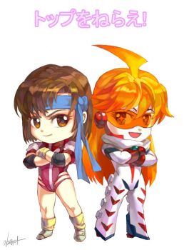 Rule 34 | + +, 2girls, ahoge, blue headband, bodysuit, chibi, commentary request, crossed arms, gloves, headband, headgear, kim yura (goddess mechanic), korean commentary, leotard, long hair, medium hair, multiple girls, nono (top wo nerae 2!), open mouth, orange hair, red gloves, red leotard, signature, smile, takaya noriko, top wo nerae!, top wo nerae! (series), top wo nerae 2!, translation request, white bodysuit, yellow gloves