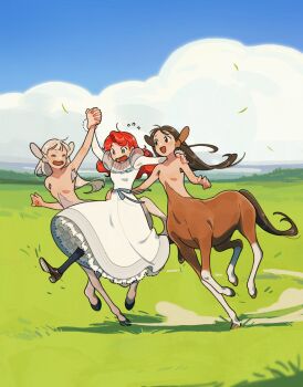 3girls animal_ears armpit_hair blonde_hair carol_cao centaur cloud dress field grass highres hooves horse_ears horse_tail interlocked_fingers long_hair monster_girl multiple_girls multiple_legs open_mouth original red_hair sky smile tail taur
