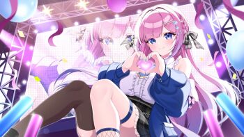 1girl bare_shoulders black_skirt blue_eyes blue_jacket blue_nails bow brown_thighhighs collared_shirt commentary_request commission grey_bow hair_bow hair_ornament heart heart_hands highres indie_virtual_youtuber jacket long_hair long_sleeves looking_at_viewer mia_(mk2022) off_shoulder open_clothes open_jacket pink_hair plaid_bow screen screen_zoom second-party_source shirt single_thighhigh skirt sleeveless sleeveless_shirt smile solo stage stage_lights tansansui_(vtuber) thigh_strap thighhighs virtual_youtuber white_shirt