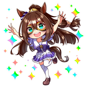 1girl animal_ears arms_up blue_eyes blush bow bowtie breasts brown_hair chibi chibi_only collarbone commentary_request domino_mask el_condor_pasa_(umamusume) eye_mask full_body hair_between_eyes highres horse_ears horse_girl horse_tail large_breasts long_hair looking_at_viewer mask open_mouth pleated_skirt ponytail puffy_short_sleeves puffy_sleeves purple_bow purple_bowtie purple_shirt sailor_collar sailor_shirt school_uniform shirt shoes short_sleeves skirt smile solo standing standing_on_one_leg sugimotty_nova tail teeth thighhighs tracen_school_uniform umamusume upper_teeth_only white_sailor_collar white_skirt white_thighhighs zettai_ryouiki