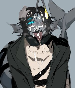 2boys absurdres accessories anglerfish anglerfish_boy ascot bandaged_arm bandages belt black_hair black_jacket black_scarf blue_scales blue_sclera blue_skin blush cetacean_tail colored_sclera colored_skin cum cum_in_mouth cum_on_body cum_on_clothes cum_on_hair cum_on_tongue cum_on_upper_body disembodied_hand extra_arms extra_eyes facial fang fins fish fish_tail hand_on_another&#039;s_head head_fins highres jacket long_sleeves looking_at_another looking_at_viewer merfolk merman monster_boy multiple_belts multiple_boys one_eye_closed open_clothes open_jacket parted_bangs pov pov_hands pressure_(roblox) roblox scarf sea_snake sebastian_solace sharp_teeth shirt short_hair skin_fang tail teeth third_eye tongue tongue_out white_ascot white_shirt white_undershirt yaoi