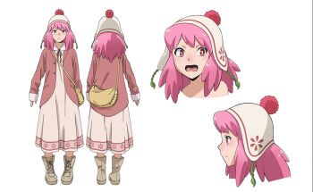 1girl blush boku_no_hero_academia dress full_body haneyama_kazuho hat long_sleeves looking_at_viewer multiple_views official_art pink_eyes pink_hair reference_sheet solo standing vigilante_-boku_no_hero_academia:_illegals-