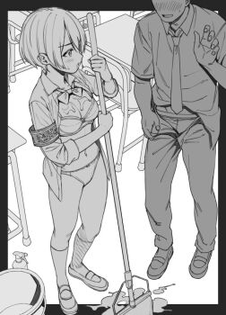 1boy 1girl armband black_border blush border bottle bow bowtie bra breasts bucket chair classroom cleaning collarbone collared_shirt cum cum_on_body cum_on_breasts cum_on_floor cum_on_upper_body desk dress_shirt full_body greyscale hand_up loafers long_sleeves medium_breasts monochrome mop navel necktie open_clothes open_mouth open_shirt original outside_border panties school_chair school_desk school_uniform shirt shoes short_hair sleeves_rolled_up socks spray_bottle standing sweatdrop tsukimoto_kizuki underwear uwabaki white_background