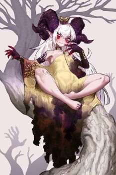 1girl absurdres bare_legs barefoot black_horns black_nails black_skin blush bracer breasts claws colored_skin commentary_request crown curled_horns demon_girl dress ekrea_jan facial_tattoo full_body gold_choker highres horns in_tree jewelry long_dress long_hair looking_at_viewer loose_clothes maou-chan_(ekrea_jan) mini_crown multicolored_skin no_bra original pale_skin pointy_ears red_eyes ring sharp_toenails single_strap sitting sitting_in_tree small_breasts solo tattoo toenails tree very_long_hair white_hair yellow_dress