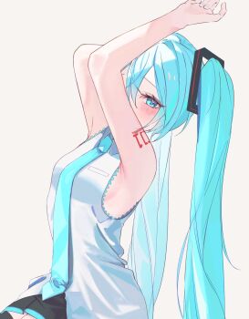 1girl aqua_eyes aqua_hair aqua_necktie aqua_trim armpit_focus armpits bare_shoulders breasts collarbone collared_shirt commentary_request hair_between_eyes hair_ornament hatsune_miku highres light_blush long_hair medium_breasts necktie open_mouth presenting_own_armpit shirt sideboob simple_background sleeveless sleeveless_shirt smile solo sweat tsui_(dfjw5724) twintails upper_body very_long_hair vocaloid white_background white_shirt