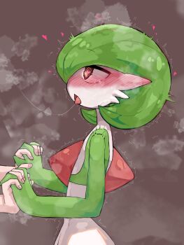 1girl @_@ after_kiss blush bob_cut breath brown_background colored_skin disembodied_hand ear_blush female_focus flat_chest from_side gardevoir gen_3_pokemon green_hair green_skin hair_over_one_eye heart holding_hands in_heat interlocked_fingers interspecies multicolored_skin nintendo nose_blush one_eye_covered open_mouth pokemon pokemon_(creature) profile red_eyes rr_(user_hcrd3433) saliva saliva_trail short_hair simple_background solo_focus standing steam steaming_body sweat tears tongue tongue_out trembling two-tone_skin upper_body wavy_eyes white_skin