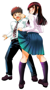 1boy 1girl :q aqua_skirt ass belt black_pants black_socks blush breast_pocket brown_belt brown_eyes brown_hair brown_necktie brown_shoes clothes_lift collared_shirt commentary_request diagonal-striped_clothes diagonal-striped_necktie flashing full_body hetero highres kneehighs lifting_own_clothes loafers long_hair long_sleeves looking_at_viewer looking_back necktie one_eye_closed open_mouth pants pleated_skirt pocket saotome_hodaka shirt shirt_tucked_in shoes short_hair simple_background skirt skirt_lift socks sogabe_toshinori striped_clothes striped_necktie takae_kasumi tongue tongue_out white_background white_shirt white_socks yankee_jk_kuzuhana-chan