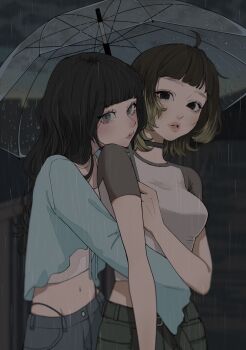 2girls aegyo_sal black_choker black_eyes blue_eyes blue_shirt blunt_bangs blurry brown_hair brown_sleeves cargo_pants choker colored_tips cowboy_shot crop_top cropped_shirt denim depth_of_field evening eyelashes film_grain flapper_shirt green_pants head_on_another's_shoulder high-waist_panties highres holding holding_umbrella hug hug_from_behind jeans long_hair long_sleeves looking_at_viewer midriff multicolored_hair multiple_girls navel original outdoors pants parted_lips raglan_sleeves railing rain road shirt short_hair standing strapless street t-shirt tamori_(tamori_www) thick_lips transparent transparent_umbrella tube_top two-tone_hair umbrella water_drop wavy_hair white_shirt white_tube_top wide_sleeves wolf_cut