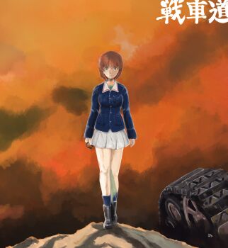Rule 34 | 1girl, amuro ray, battlefield, blue jacket, breasts, brown eyes, brown hair, caterpillar tracks, commentary request, full body, girls und panzer, green eyes, gundam, highres, holding, holding microphone, jacket, large breasts, long sleeves, looking at viewer, microphone, military, military jacket, military uniform, mito (mitotank), mobile suit gundam, nishizumi miho, ooarai military uniform, pleated skirt, scene reference, shirt, short hair, signature, skirt, solo, throat microphone, walking, white skirt