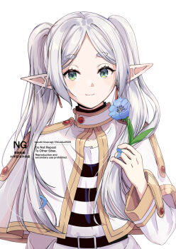 Rule 34 | 1girl, belt, black belt, dress, elf, flower, frieren, green eyes, highres, holding, holding flower, kizuka2020, long hair, pointy ears, short eyebrows, simple background, smile, solo, sousou no frieren, twintails, upper body, watermark, white background, white dress