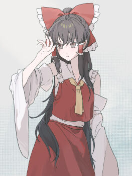 Rule 34 | 1girl, ascot, bow, brown eyes, brown hair, commentary, detached sleeves, frilled bow, frilled hair tubes, frills, hair bow, hair tubes, hakurei reimu, highres, long hair, nrk (user epnw5554), red bow, red skirt, skirt, skirt set, solo, sweatdrop, touhou, very long hair, yellow ascot