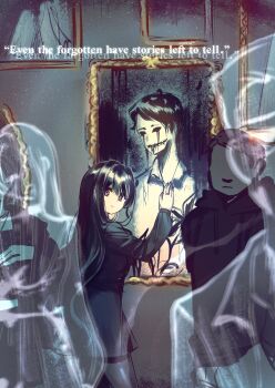 1girl absurdres black_eyes black_hair black_jacket closed_eyes closed_mouth commentary english_commentary english_text glasgow_smile highres hollow_eyes horror_(theme) indoors jacket jewelry long_hair long_sleeves looking_at_viewer original people portrait_(object) ring ryuuxin solo