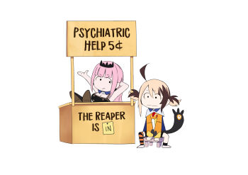 2girls :| absurdres ahoge black_eyes brown_hair cape cd_usr charles_schulz_(style) chibi closed_mouth commentary english_commentary english_text enigmatic_recollection gigi_murin gigi_murin_(1st_costume) highres hololive hololive_english huge_ahoge mori_calliope mori_calliope_(1st_costume) multicolored_hair multiple_girls no_sclera orange_shrug parody peanuts_(comic) shrug_(clothing) simple_background single_thighhigh sitting striped_clothes striped_thighhighs style_parody tail thighhighs tiara toon_(style) two-tone_hair virtual_youtuber wavy_mouth white_background white_cape