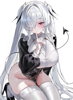 Rule 34 | 1girl, absurdres, black dress, black shoes, blush, breasts, bright pupils, cinderella (nikke), closed mouth, collared dress, cross, cross necklace, demon tail, dress, finger to mouth, goddess of victory: nikke, grey hair, hair over one eye, hand up, high heels, highres, index finger raised, jewelry, kneeling, large breasts, long hair, long sleeves, looking at viewer, necklace, nun, one eye covered, pelvic curtain, puffy long sleeves, puffy sleeves, pumps, red eyes, shoes, shushing, solo, tail, tail raised, teru (s2 teru), thighhighs, twintails, very long hair, white pupils, white thighhighs