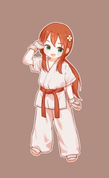 Rule 34 | 1girl, :d, alternate hairstyle, barefoot, belt, brown background, brown hair, commentary request, dougi, flower, full body, green eyes, hair flower, hair ornament, highres, kobayashi-san chi no maidragon, kuma-bound, long hair, martial arts belt, open mouth, pants, saikawa riko, simple background, smile, solo, standing, toes, white flower, white pants
