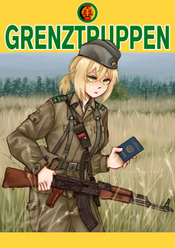 1girl absurdres akm assault_rifle barbed_wire belt belt_buckle belt_pouch blonde_hair buckle camouflage camouflage_jacket camouflage_pants document east_germany fence field forest garrison_cap german_text grass green_eyes gun hat highres holding holding_gun holding_weapon jacket kalashnikov_rifle military_combat_uniform military_uniform mpi-km nationale_volksarmee nature original pants passport ponytail pouch radio rifle shoulder_boards sidelocks strichtarn tall_grass translated useless_centipde weapon wire_fence