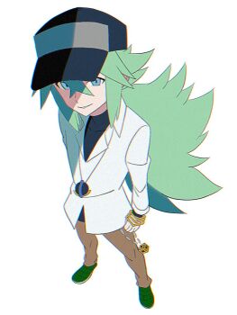 Rule 34 | 1boy, baseball cap, black hat, blue eyes, bracelet, collared shirt, full body, green footwear, green hair, hair between eyes, hat, highres, jewelry, long hair, looking at viewer, male focus, n (pokemon), necklace, nintendo, pokemon, pokemon bw, ponytail, shirt, simple background, smile, solo, standing, undershirt, white background, white shirt, zero (sleepy meltan)