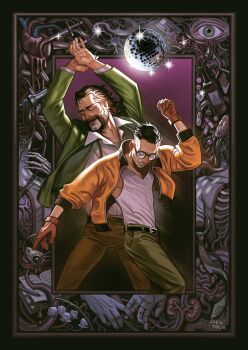 2boys arms_up beard black_hair border brown_hair brown_pants commentary dancing dark-tarou disco_ball disco_elysium english_commentary facial_hair glasses gloves green_jacket green_pants harry_du_bois highres jacket kim_kitsuragi male_focus mature_male multiple_boys orange_gloves orange_jacket pants shirt short_hair smile white_shirt