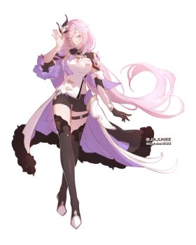 1girl ;o black_boots black_shorts blue_eyes boots breasts cape commentary corset elf elysia_(honkai_impact) elysia_(miss_pink_elf)_(honkai_impact) english_commentary full_body hair_ornament highres honkai_(series) honkai_impact_3rd jiajuniee large_breasts long_hair looking_at_viewer one_eye_closed pink_hair pointy_ears short_shorts shorts simple_background solo thighs twitter_username very_long_hair white_background white_corset