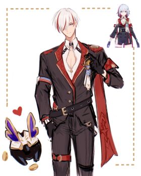 1boy adapted_costume black_gloves black_jacket black_pants blue_eyes closed_mouth coin commentary_request genderswap genderswap_(ftm) gloves hair_over_one_eye hand_in_pocket heart highres honkai:_star_rail honkai_(series) jacket jhenny345 looking_at_viewer male_focus multicolored_hair numby_(honkai:_star_rail) official_art_inset pants red_sash reference_inset sash shirt smile spanish_commentary streaked_hair topaz_(honkai:_star_rail) trotter_(honkai:_star_rail) white_hair white_shirt