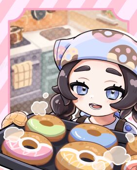 1girl :d absurdres ansha_(pokemon) baking_sheet blue_eyes blush commentary_request donut donut_print eyelashes food food_print happy highres holding long_hair nintendo open_mouth oven_mitts pokemon pokemon_legends:_z-a ponya_701 shirt smile solo steam teeth tongue