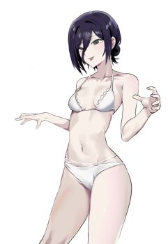 1girl bikini black_hair breasts chainsaw_man grey_eyes hair_between_eyes hair_bun highres nakajima_(user111860274) navel reze_(chainsaw_man) simple_background small_breasts solo swimsuit tongue tongue_out white_background white_bikini