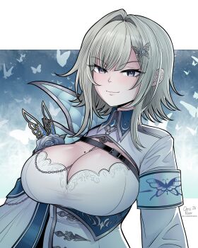 1girl absurdres armband artist_name blue_armband breasts bug butterfly butterfly_hair_ornament chest_belt closed_mouth commentary english_commentary grey_eyes grey_hair hair_ornament highres insect kluverdesigns large_breasts mole mole_on_breast phase_connect short_hair solo twitter_username virtual_youtuber wilhelmina_frost