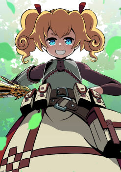 1girl absurdres aqua_eyes armor belt belt_pouch blonde_hair breastplate buckle cianter etrian_odyssey fortress_(sekaiju) fortress_2_(sekaiju) gauntlets hair_between_eyes hair_ribbon highres looking_at_viewer open_mouth pouch ribbon sekaiju_no_meikyuu sekaiju_no_meikyuu_4 solo standing teeth twintails utility_belt v-shaped_eyebrows