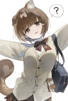 Rule 34 | 1girl, ?, absurdres, animal ear fluff, animal ears, arms up, bag, bow, breasts, brown bow, brown eyes, brown hair, brown skirt, cardigan, cat ears, cat girl, cat tail, cellphone, commentary request, extra ears, folded ear, grey cardigan, highres, looking at viewer, medium breasts, original, phone, pleated skirt, school bag, school uniform, scottish fold, shirt, short hair, skirt, smartphone, smile, solo, soyoong jun, speech bubble, tail, tongue, upper body, white background, white shirt