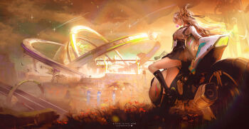 1girl absurdres artist_name black_skirt black_socks blonde_hair blowing_bubble_gum breasts chewing_gum commentary english_commentary english_text evening highres id_card long_hair looking_to_the_side lynae_(wuthering_waves) medium_breasts motor_vehicle motorcycle orange_sky outdoors shirt shirt_tucked_in shooting_star skirt sky socks solo title ui_uiiiiiiiii white_shirt wuthering_waves