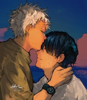 Rule 34 | 2boys, black hair, commentary, crying, dated, english commentary, from side, green shirt, hanmdin, highres, hikaru ga shinda natsu, indou hikaru, kiss, kissing forehead, male focus, mole, mole on cheek, mole under mouth, multiple boys, scar, scar on neck, shirt, short hair, signature, tears, tsujinaka yoshiki, watch, wet, wet hair, white hair, white shirt, wristwatch