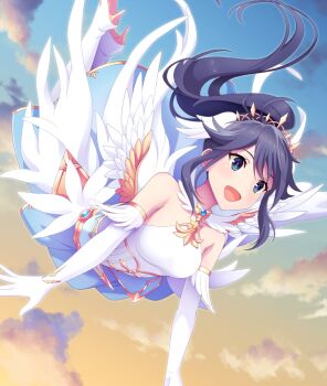 1girl :d bare_shoulders black_hair blue_eyes blue_gem blue_skirt blue_sky boots breasts cloud dot_nose dress elbow_gloves feathered_wings floating_hair flying game_cg gem gloves gold_tiara gradient_sky high_ponytail knee_boots long_hair midair morning official_art open_mouth outdoors outstretched_arms ponytail red_pupils sidelocks skirt sky sleeveless sleeveless_dress small_breasts smile solo third-party_source tiara toji_no_miko toji_no_miko:_kizamishi_issen_no_tomoshibi valkyrie white_boots white_dress white_wings wings yamashiro_yui yellow_sky