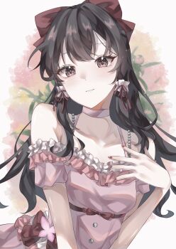 1girl :| absurdres alternate_costume arched_back bare_shoulders beads black_hair bow brown_eyes carin_(c_arin1012) choker closed_mouth commentary_request crop_top frilled_hair_tubes frilled_shirt frills hair_bow hair_tubes hakurei_reimu hand_on_own_chest highres long_hair looking_at_viewer makeup mascara nail_polish pink_choker pink_shirt pink_skirt red_bow red_nails shirt sidelocks skirt solo touhou white_background