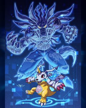 Rule 34 | blue fur, body fur, denim, digimon, digimon (creature), digimon adventure, evolutionary line, full body, gabumon, highres, horns, lizard, red eyes, sharp teeth, single horn, single shoulder pad, teeth, uchiha jake, weregarurumon, werewolf
