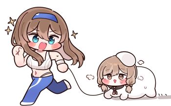 absurdres blue_hairband blush_stickers bready_(nikke) brown_hair brown_neckerchief chibi doro_(nikke) exercising goddess_of_victory:_nikke hairband hat highres leash long_hair mming_(mmingis18) neckerchief non-web_source pants rumani_(nikke) running simple_background sparkle sweat tank_top tears white_hat yoga_pants