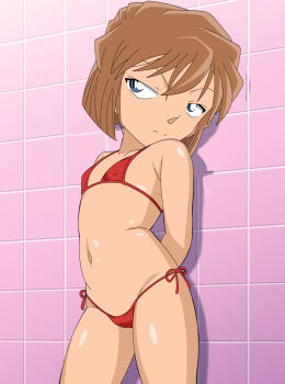 1girl bikini blue_eyes bob_cut breasts cameltoe flat_chest haibara_ai jaaaan meitantei_conan micro_bikini pussy_visible red_bikini shower_(place) small_breasts swimsuit