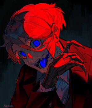 1boy backlighting black_background black_jacket black_mouth blood blood_from_mouth blue_blood blue_eyes blue_tongue brown_hair claws collared_shirt colored_tongue commentary double-parted_bangs elliot_(par0llel) film_grain from_above glowing glowing_eyes hair_between_eyes hand_up highres jacket lapels layered_sleeves leaning_forward long_sleeves looking_at_viewer male_focus open_mouth original par0llel sharp_teeth shirt short_hair simple_background solo swept_bangs teeth upper_body very_short_hair white_shirt wide-eyed